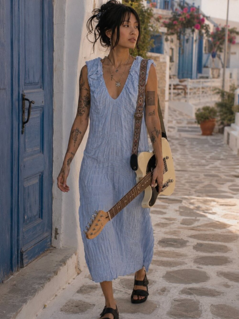 Free People XS Agatha Sleeveless Midi Dress Light Blue Ruched Tie Back Coastal
